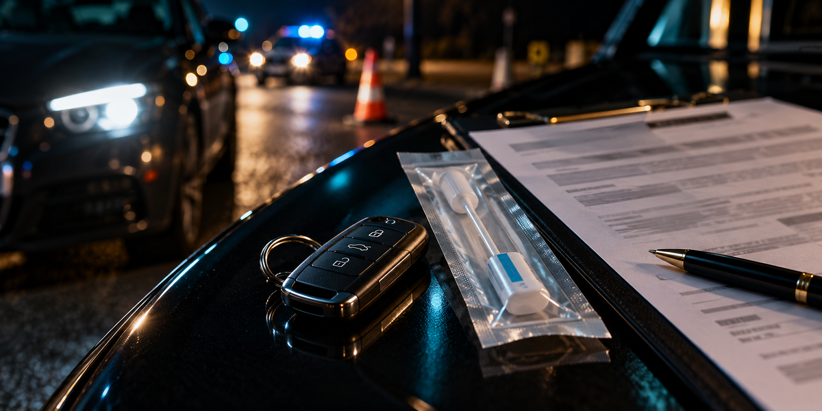 Clé de voiture et kit de prélèvement salivaire lors d’un contrôle routier nocturne en France