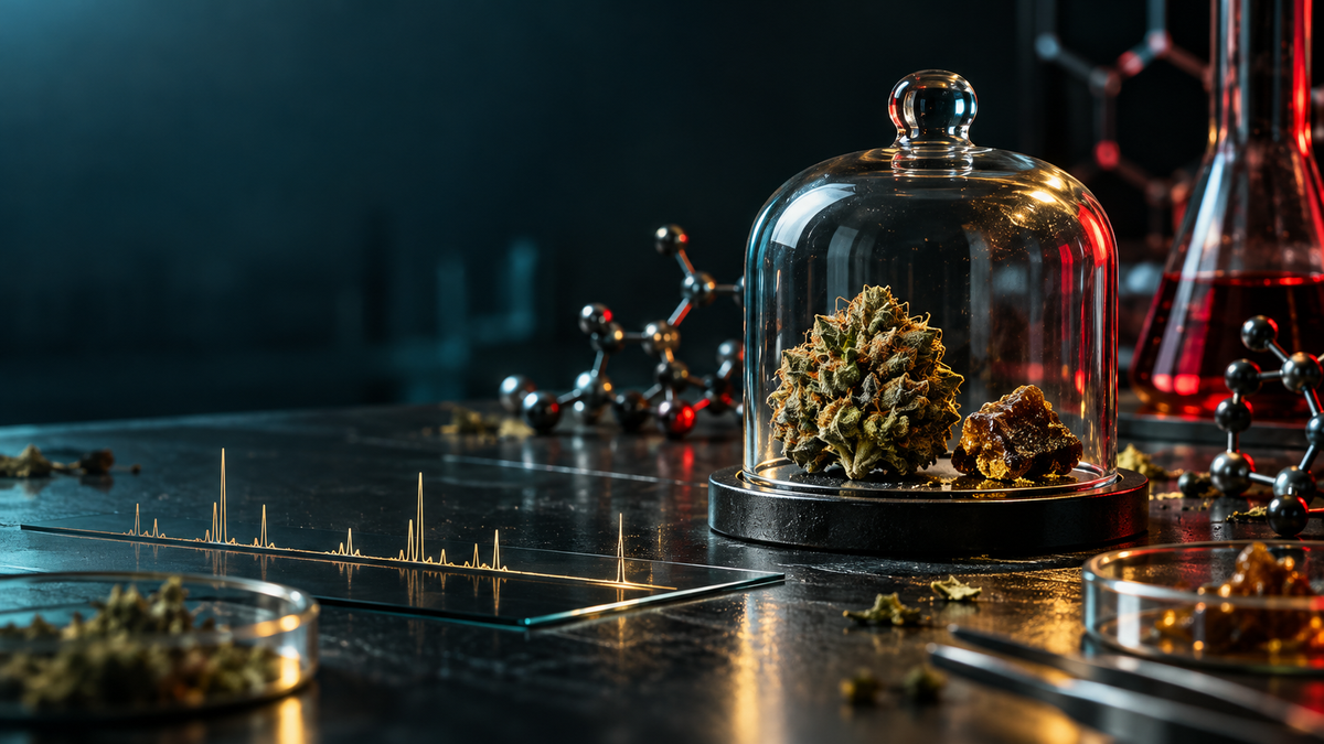 Fleur de chanvre et résine sous cloche dans un laboratoire, illustration des néocannabinoïdes en 2026