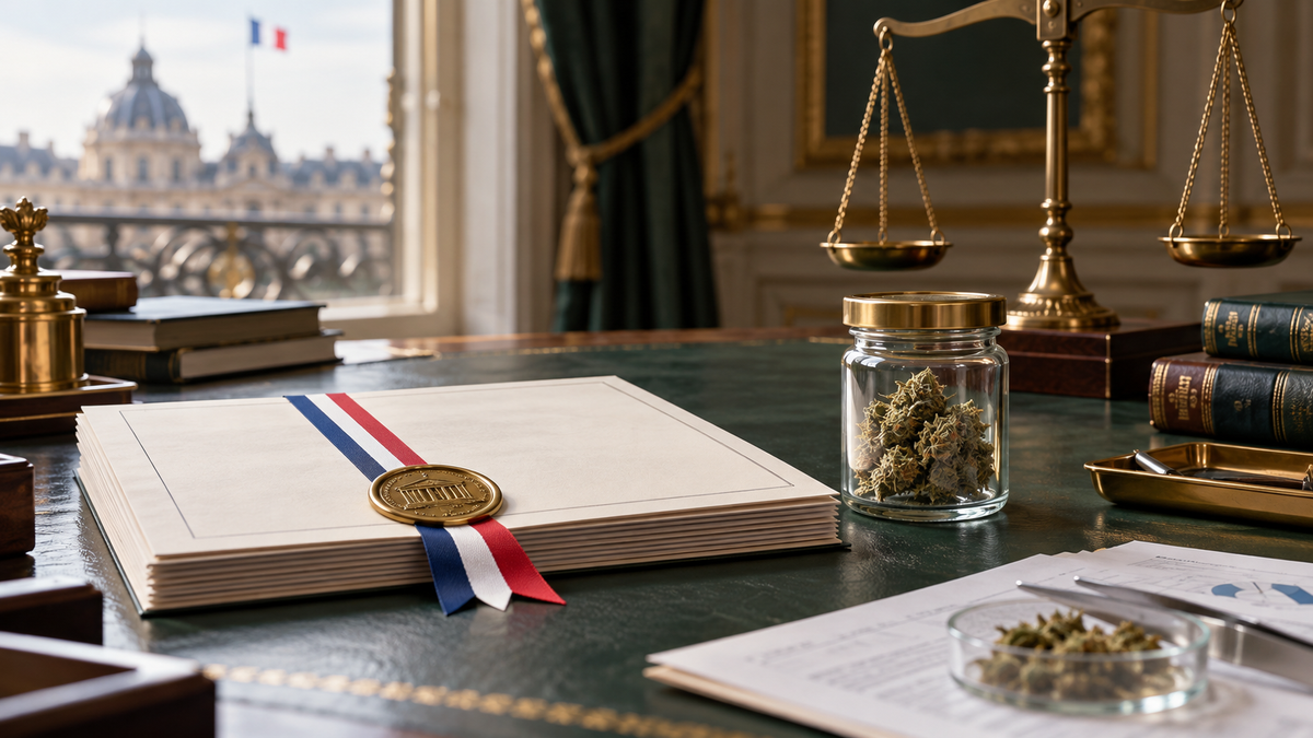 Proposition de loi CBD 2026 illustrée par un dossier législatif français et un échantillon de fleur de chanvre