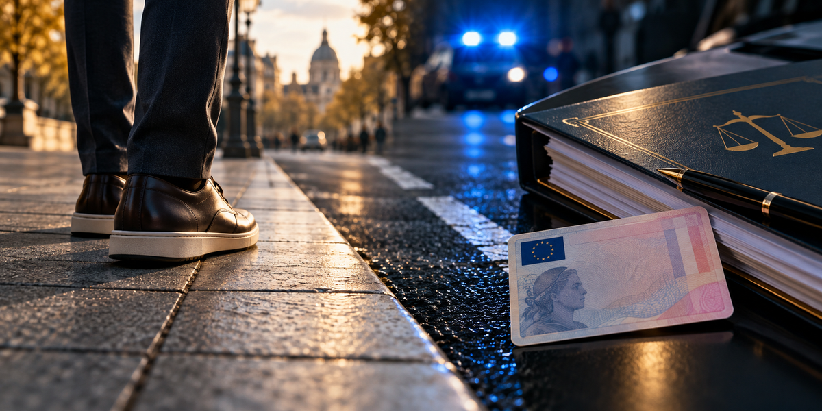 Piéton sur un trottoir face à un permis de conduire et un dossier juridique, illustration de la loi RIPOST
