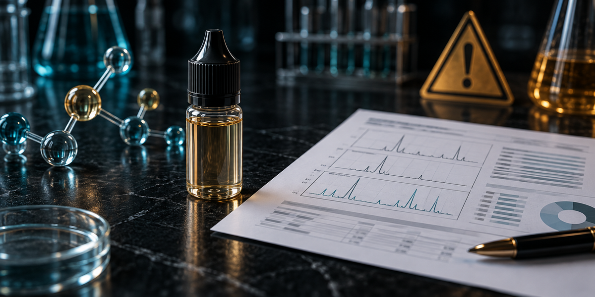 Flacon d’e-liquide non identifié devant une analyse de laboratoire, illustrant les risques liés aux cannabinoïdes de synthèse