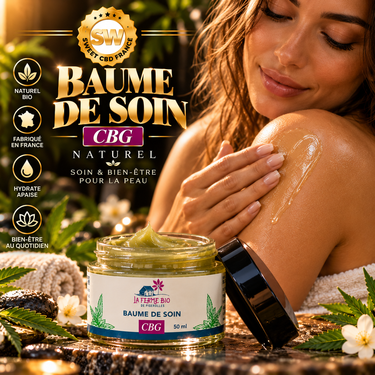 Baume de soin au CBG 50 ml — visuel du pot de baume et présentation du soin
