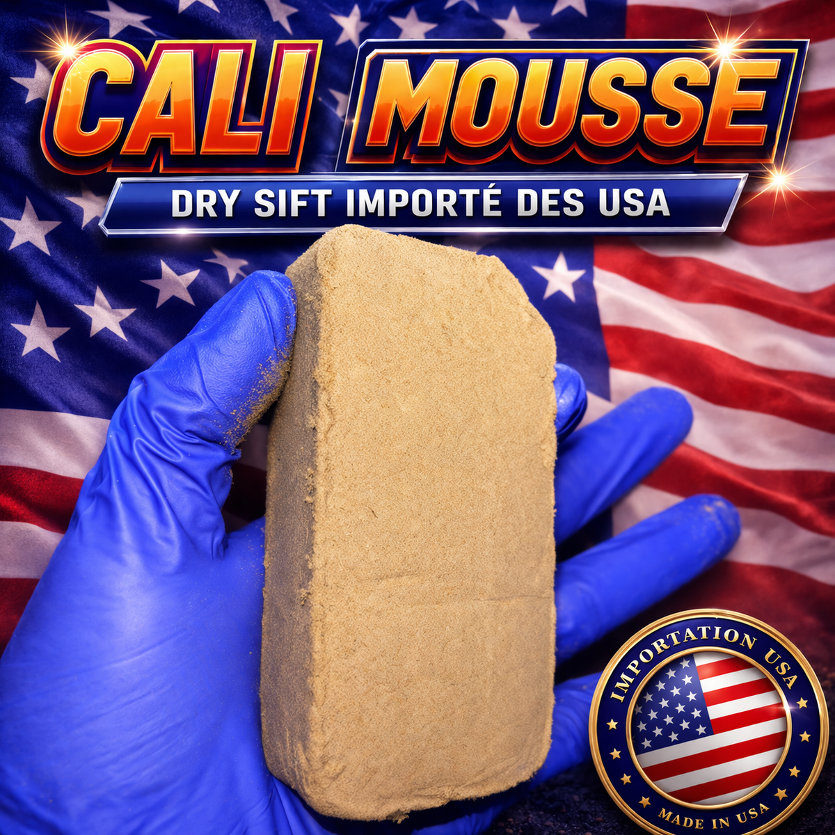 CALI MOUSSE 160u, résine CBD — visuel CALI MOUSSE et résine présentée en main gantée