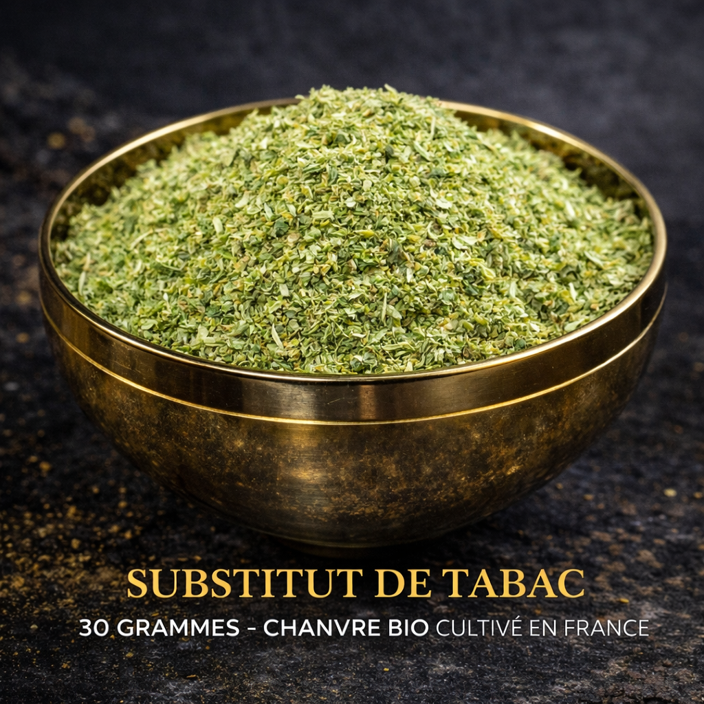 Substitut de tabac au chanvre, format 30 g — visuel de présentation du chanvre dans une coupelle
