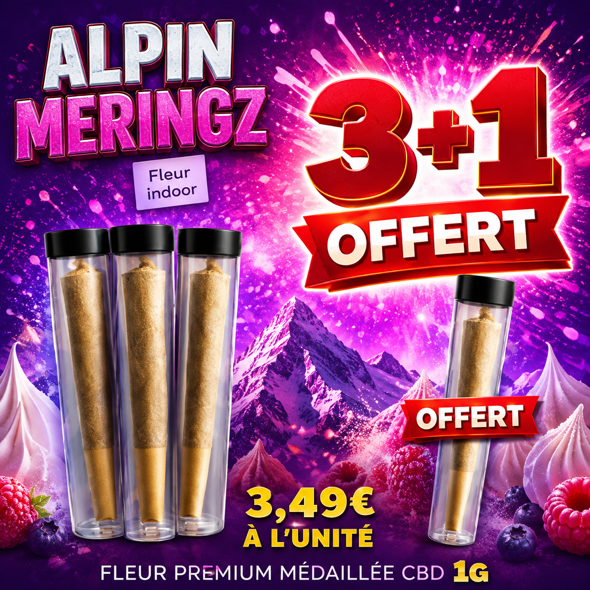 Prérolls CBD ALPIN MERINGZ, Happy Pousse — visuel de l’offre de prérolls, trois achetés et un offert