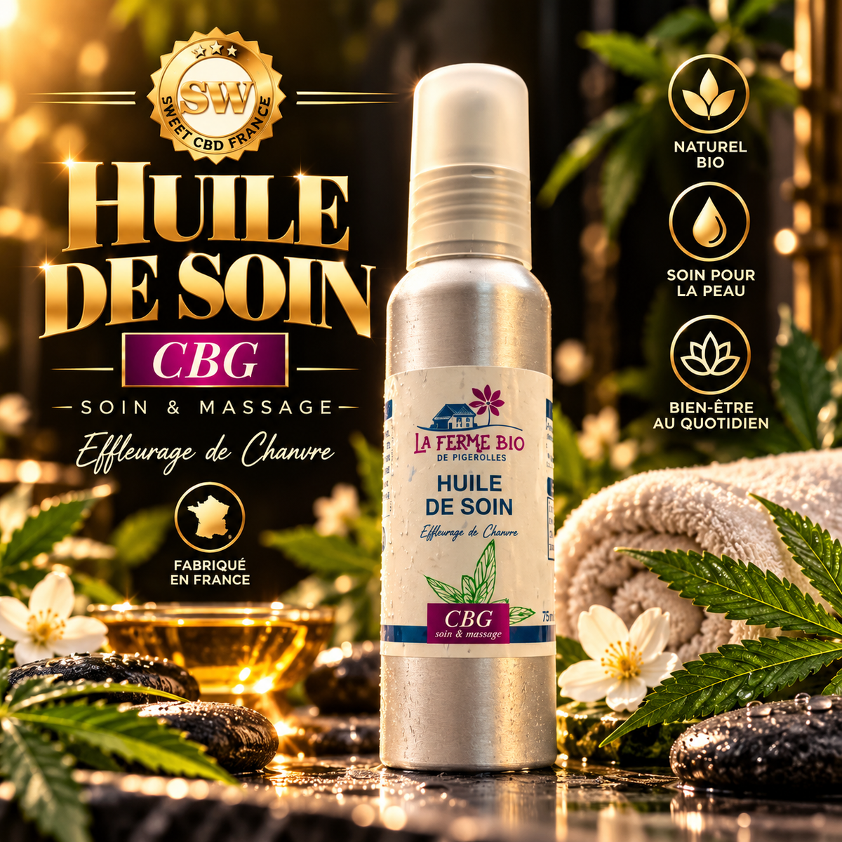 Huile de massage au CBG 75 ml — flacon de soin avec pompe sur le visuel de présentation