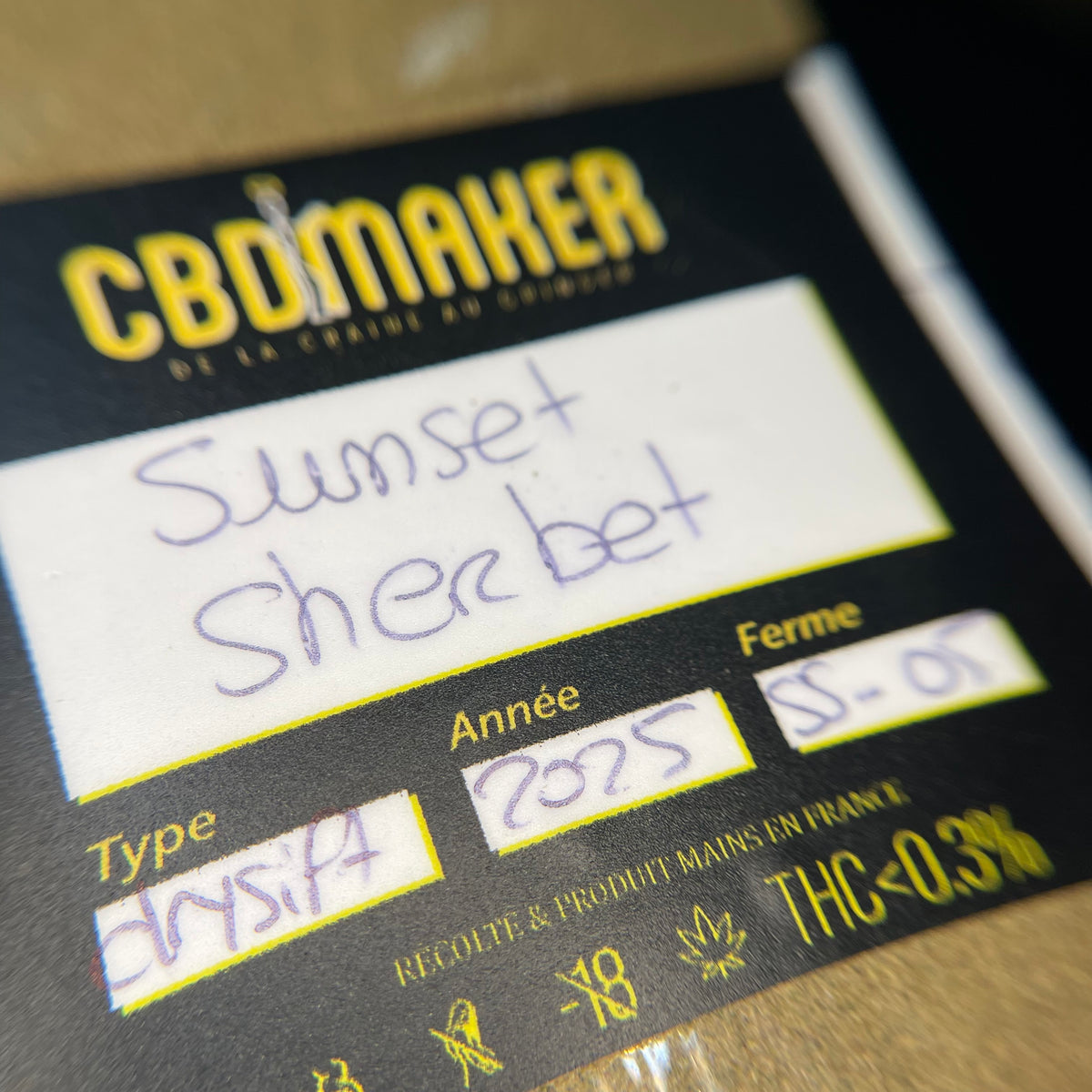 SUNSET SHERBET, résine CBD — étiquette SUNSET SHERBET CBD Maker