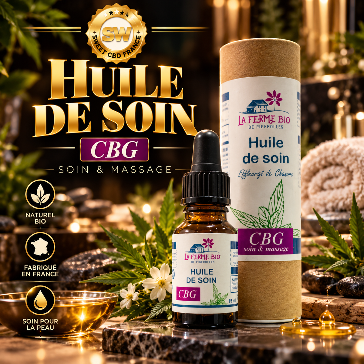 Huile de massage au CBG 15 ml — visuel du flacon et présentation du soin