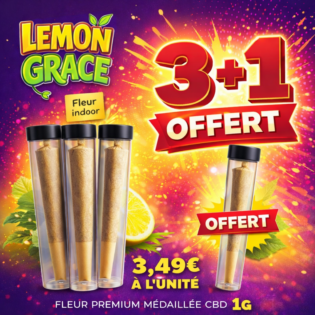 Prérolls CBD LEMON GRACE, Happy Pousse — visuel de l’offre de prérolls, trois achetés et un offert