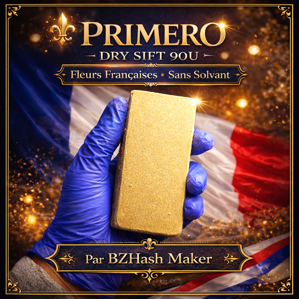 PRIMERO, résine CBD — visuel PRIMERO et résine présentée en main gantée