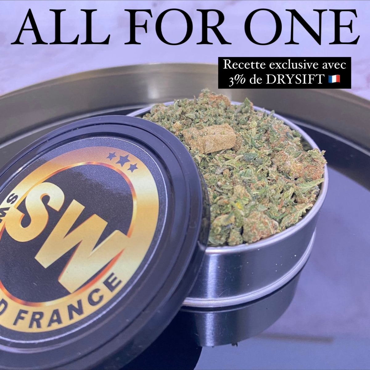 ALL FOR ONE, trim CBD maison — visuel ALL FOR ONE et boîte ouverte de trim